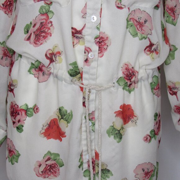 Miss Me Cream Floral Boho Tie Waist Tunic Top Tab Roll Sleeve Women's S Small - Picture 2 of 11